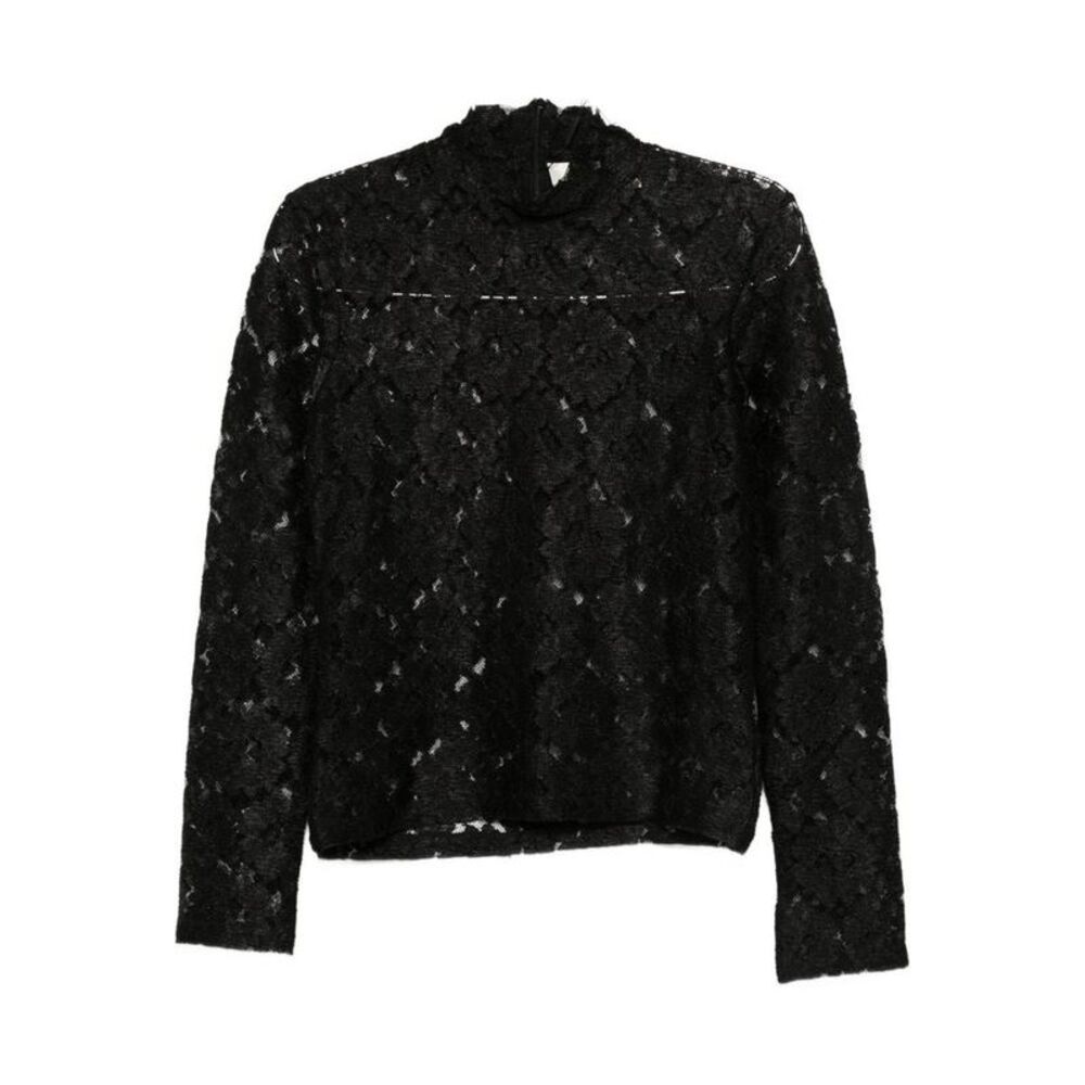 ROHE Lace Mock Neck Long Sleeve Top Women BLACK Shirts